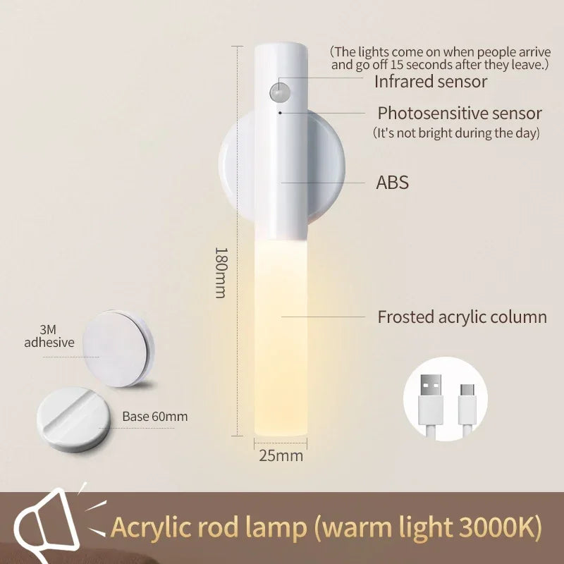 Intelligent Human Body Induction Night Light LED Rechargeable Magnetic Wall Lamp Portable Bedroom Corridor Cabinet Lighting